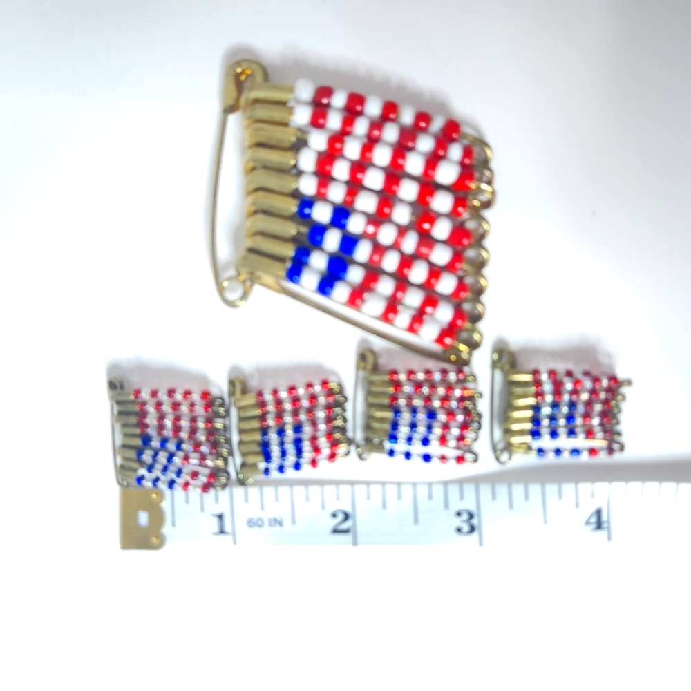 Vintage American Flag Beaded Safety Pins Homemade. 4th of July